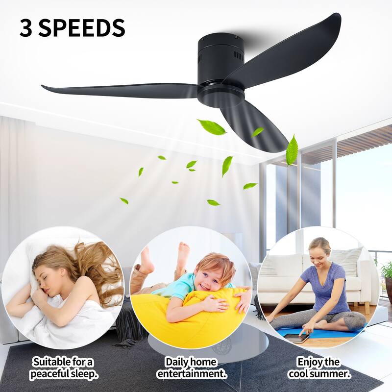 52" Low Profile Ceiling Fan No Light, Black Flush Mount Ceiling Fans